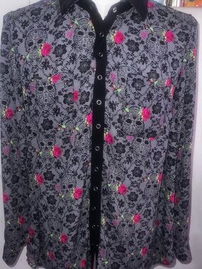 torrid Black Lace Skull Blouse with Neon Pink & Green Floral Accents
